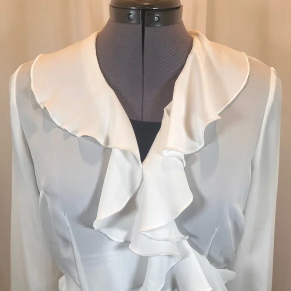 New York & Company White Ruffle Front V-Neck Blouse - Picture 3 of 9